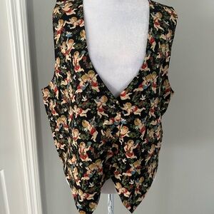 111 Main Cherub Angel Print Vest Vintage Holiday Baroque Black L Celestial